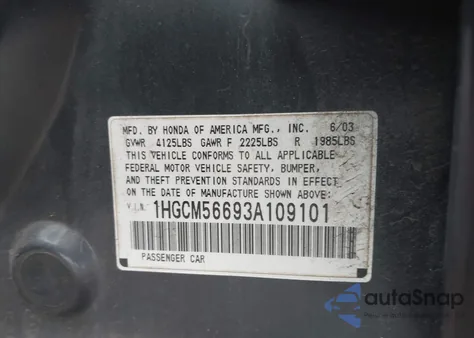 2003 Honda Accord 2.4 Ex из США, поврежденный, VIN 1HGCM56693A109101